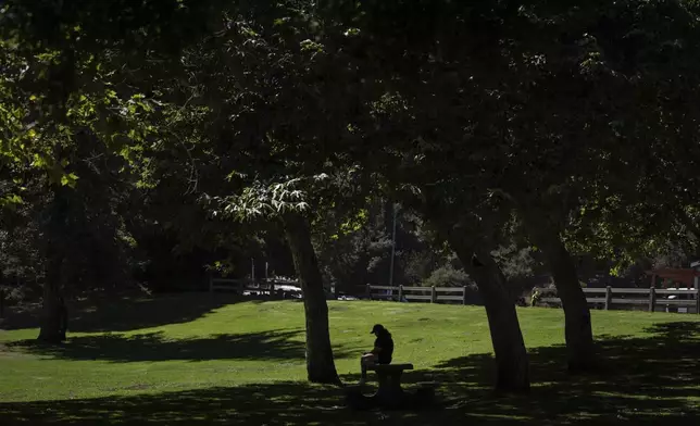A woman rests on a picnic table at Griffith Park in Los Angeles, Tuesday, Aug. 19, 2025. (AP Photo/Jae C. Hong)