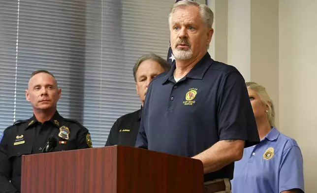 East Ridge Mayor Brian Williams speaks during a news conference Wednesday, Aug. 13, 2025, in Chattanooga, Tenn. in response to the recent severe flash flooding in the area. (Abby White/Chattanooga Times Free Press via AP)