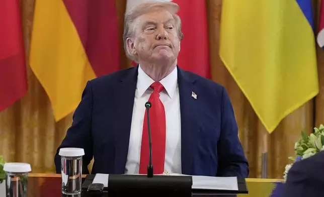 President Donald Trump participates in a meeting with Ukrainian President Volodymyr Zelenskyy and European leaders in the East Room of the White House, Monday, Aug. 18, 2025, in Washington. (AP Photo/Alex Brandon)