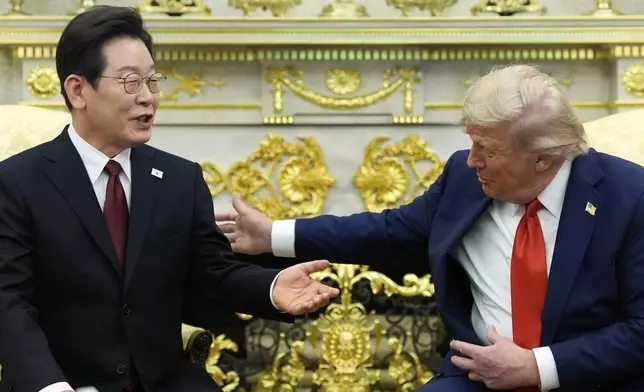 President Donald Trump, right, meets with South Korean President Lee Jae Myung in the Oval Office of the White House, Monday, Aug. 25, 2025, in Washington. (AP Photo/Alex Brandon)