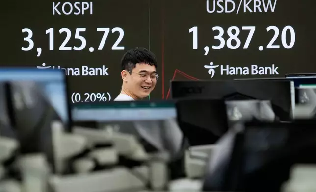 A currency trader smiles near a screen showing the Korea Composite Stock Price Index (KOSPI), left, and the foreign exchange rate between U.S. dollar and South Korean won at the foreign exchange dealing room of the Hana Bank headquarters in Seoul, South Korea, Monday, Aug. 4, 2025. (AP Photo/Ahn Young-joon)