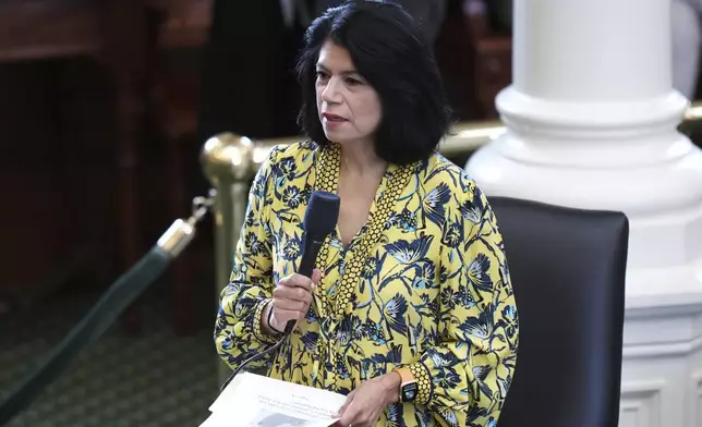 Texas Sen. Carol Alvarado, D-Houston, speaks against a bill on a redrawn U.S. congressional map during a special session in the Senate Chamber at the Texas Capitol in Austin, Texas, Friday, Aug. 22, 2025. (AP Photo/Eric Gay)