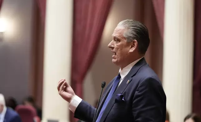 Republican state Sen. Tony Strickland speaks as legislators consider redrawing California's congressional map, on Thursday, Aug. 21, 2025, in Sacramento, Calif. (AP Photo/Godofredo A. Vásquez)