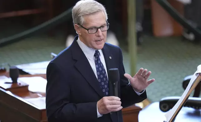 Texas state Sen. Phil King, R-Weatherford, speaks in favor of a bill before a vote on a redrawn U.S. congressional map during a special session in the Senate Chamber at the Texas Capitol in Austin, Texas, Friday, Aug. 22, 2025. (AP Photo/Eric Gay)