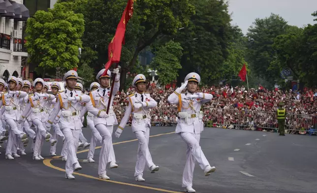 Vietnamese navy march during a rehearsal for the 80th National Day celebration in Hanoi, Vietnam, Saturday, Aug. 30, 2025. (AP Photo/Vincent Thian)