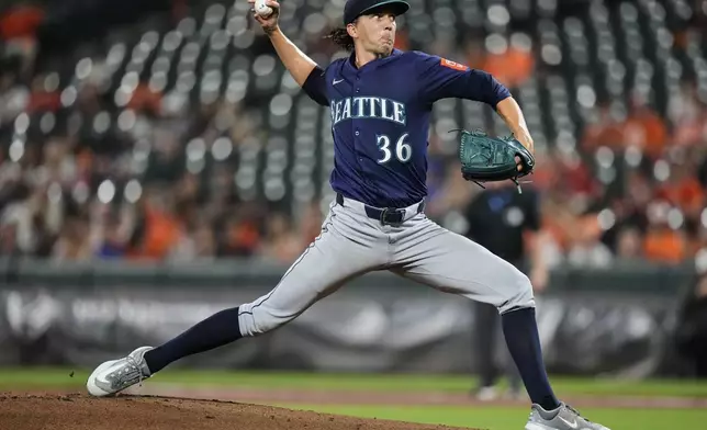 Seattle Mariners starting pitcher Logan Gilbert (36) delivers during the first inning of a baseball game against the Baltimore Orioles, Wednesday, Aug. 13, 2025, in Baltimore. (AP Photo/Stephanie Scarbrough)