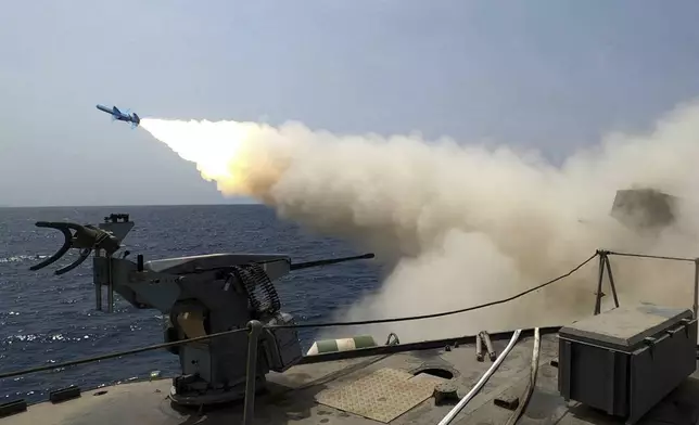 In this picture released by the official website of the Iranian Army on Thursday, Aug. 21, 2025, a missile is fired from a vessel during Iranian navy drill in the Gulf of Oman and the Indian Ocean. (Masoud Nazari Mehrabi/Iranian Army via AP)