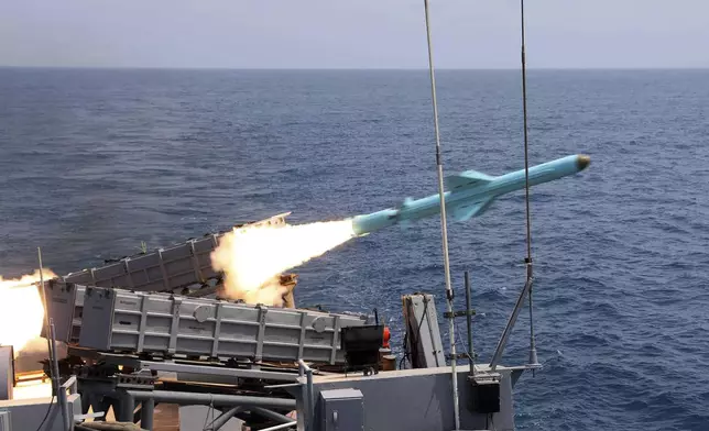 In this picture released by the official website of the Iranian Army on Thursday, Aug. 21, 2025, a missile is fired from a vessel during Iranian navy drill in the Gulf of Oman and the Indian Ocean. (Masoud Nazari Mehrabi/Iranian Army via AP)