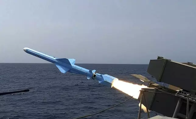 In this picture released by the official website of the Iranian Army on Thursday, Aug. 21, 2025, a missile is fired from a vessel during Iranian navy drill in the Gulf of Oman and the Indian Ocean. (Masoud Nazari Mehrabi/Iranian Army via AP)