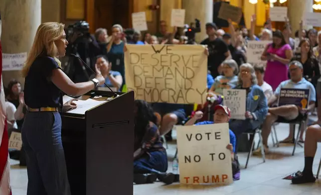 CORRECTS PARTY AFFILIATION - Sen Shelli Yoder, D-Bloomington, speaks at a rally protesting redistricting at the Statehouse in Indianapolis, Thursday, Aug. 7, 2025. (AP Photo/Michael Conroy). party affiliation