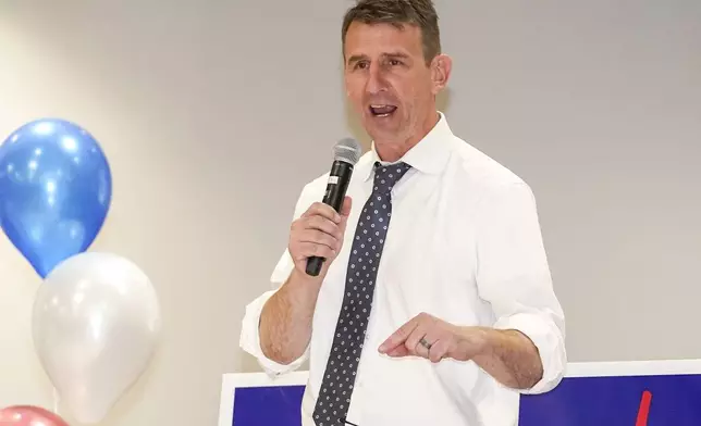 FILE - U.S. Rep. Frank Mrvan, D-Ind., talks to supporters during an election night party, Nov. 8, 2022, in Merrillville, Ind. (AP Photo/Charles Rex Arbogast, File)