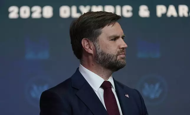 FILE -Vice President JD Vance listens as President Donald Trump speaks, Aug. 5, 2025, in Washington. (AP Photo/Julia Demaree Nikhinson, File)