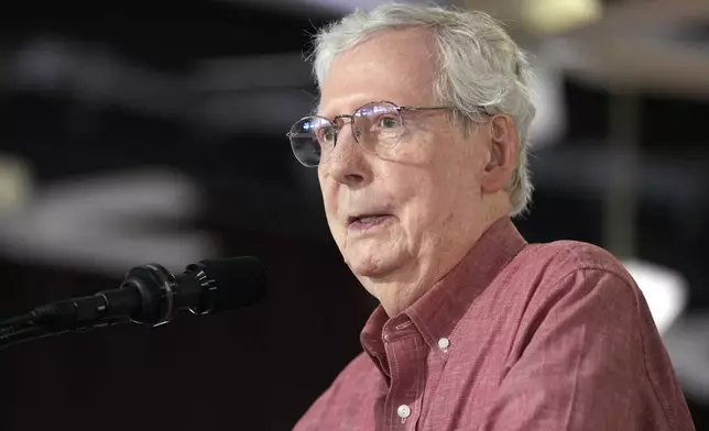 Sen. Mitch McConnell, R-Ky., speaks at the annual Fancy Farm picnic Saturday, Aug. 2, 2025, in Fancy Farm, Ky. (AP Photo/Mark Humphrey)
