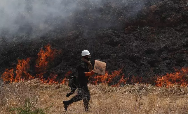 FILE - A police officer works to put out a wildfire in the Chiquitania forest on the outskirts of Robore, Bolivia, Aug. 30, 2019. (AP Photo/Juan Karita, File)