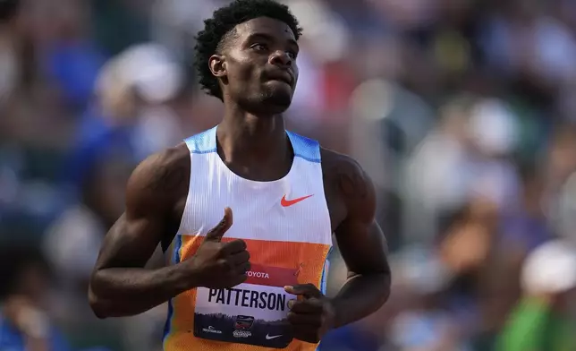 Jacory Patterson gestures after winning the second heat of the men's 400-meter semifinal at the U.S. Championships athletics meet in Eugene, Ore., Friday, Aug. 1, 2025. (AP Photo/Abbie Parr)