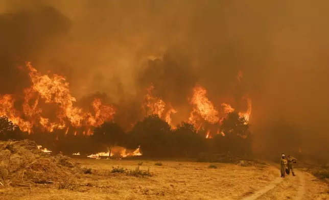 Firefighters stand in front of the flames during a wildfire in Santa Baia De Montes, northwestern Spain, Thursday, Aug. 14, 2025. (AP Photo/Lalo R. Villar)