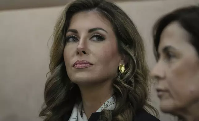 U.S. deputy special presidential envoy to the Middle East Morgan Ortagus, attends the presser of U.S. Ambassador to Turkey and Special Envoy to Syria Tom Barrack, after their meeting with Lebanese President Joseph Aoun at the presidential palace, in Baabda, east of Beirut, Lebanon, Monday, Aug. 18, 2025. (AP Photo/Hussein Malla)