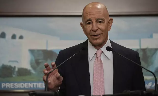 U.S. Ambassador to Turkey and Special Envoy to Syria Tom Barrack, speaks during a press conference after his meeting with Lebanese President Joseph Aoun at the presidential palace, in Baabda, east of Beirut, Lebanon, Monday, Aug. 18, 2025. (AP Photo/Hussein Malla)