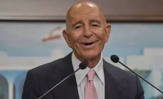 U.S. Ambassador to Turkey and Special Envoy to Syria Tom Barrack, speaks during a press conference after his meeting with Lebanese President Joseph Aoun at the presidential palace, in Baabda, east of Beirut, Lebanon, Monday, Aug. 18, 2025. (AP Photo/Hussein Malla)