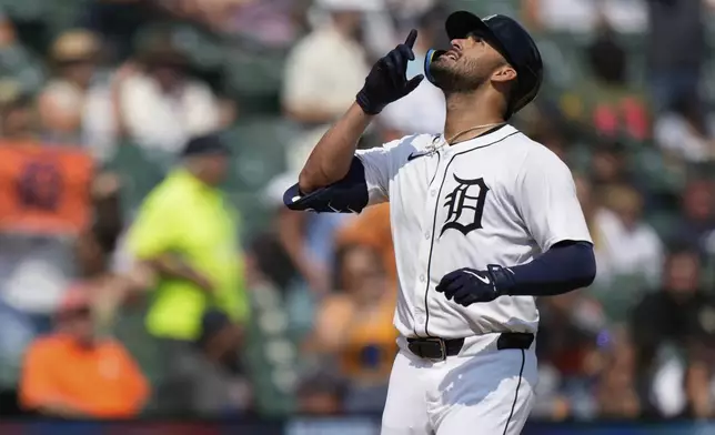 Detroit Tigers' Riley Greene celebrates after hitting a two-run home run during the sixth inning of a baseball game against the Los Angeles Angels, Sunday, Aug. 10, 2025, in Detroit. (AP Photo/Ryan Sun)