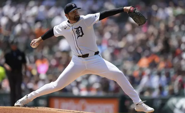 Detroit Tigers starting pitcher Casey Mize throws during the first inning of a baseball game against the Los Angeles Angels, Sunday, Aug. 10, 2025, in Detroit. (AP Photo/Ryan Sun)