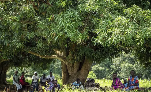 Participants take a break under a tree from a Self Help Plus stress management session taking place in Kotobi, Mundri West County, South Sudan, June 26, 2025. (AP Photo/Florence Miettaux)