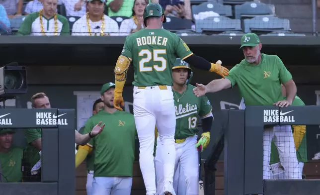 Athletics' Brent Rooker (25) is congratulated by manager Mark Kotsay, right, after hitting a sacrifice fly that scored a run during the first inning of a baseball game against the Arizona Diamondbacks, Friday, Aug. 1, 2025, in West Sacramento, Calif. (AP Photo/Scott Marshall)
