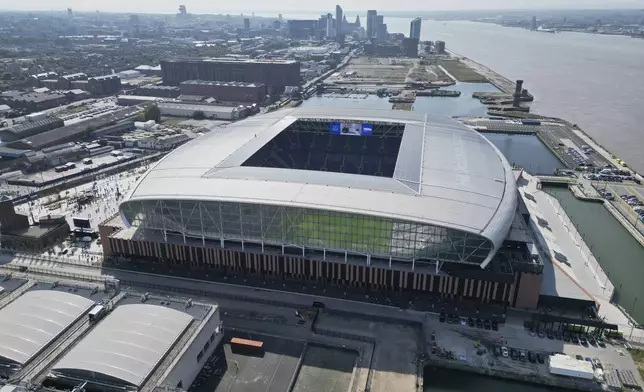 The new Everton stadium Hill Dickinson Stadium is seen before the Premier League soccer match between Everton and Brightonnd in Liverpool, England, Sunday, Aug. 24, 2025. (AP Photo/Jon Super)