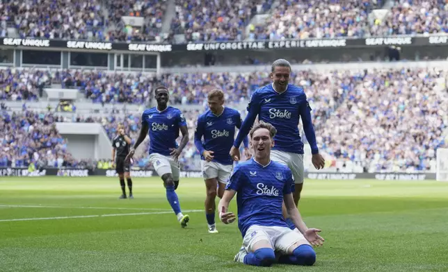 Everton's James Garner celebrates after scoring during the Premier League soccer match between Everton and Brightonnd in Liverpool, England, Sunday, Aug. 24, 2025. (AP Photo/Jon Super)