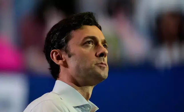 FILE - U.S. Sen. Jon Ossoff, D-Ga., speaks during a Rally for our Republic gathering, March 22, 2025, in Atlanta. (AP Photo/Mike Stewart, File)