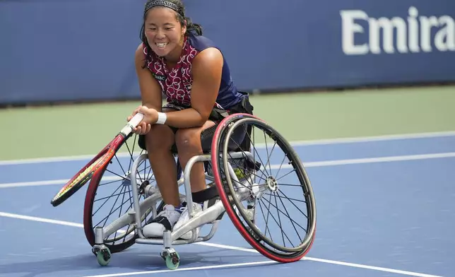 Yui Kamiji, of Japan, reacts after defeating Li Xiaohui, of China, in the wheelchair women's singles final of the U.S. Open tennis championships, Saturday, Sept. 6, 2025, in New York. (AP Photo/Kirsty Wigglesworth)
