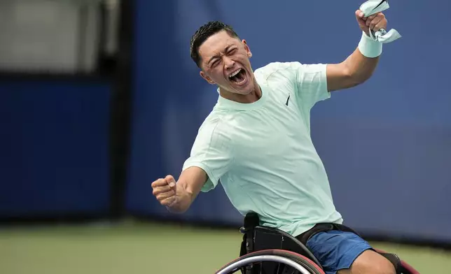 Tokito Oda, of Japan, reacts after defeating Gustavo Fernandez, of Argentina, in the wheelchair men's singles final of the U.S. Open tennis championships, Saturday, Sept. 6, 2025, in New York. (AP Photo/Frank Franklin)