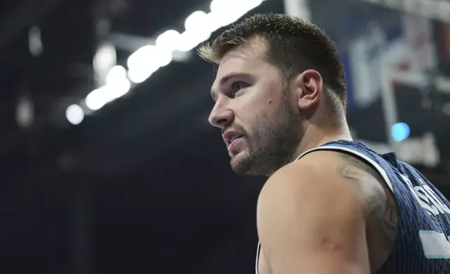 Slovenia's Luka Doncic during the Eurobasket, European Basketball Championship quarter final match between Germany and Slovenia at the Riga Arena in Riga, Latvia, Wednesday, Sept. 10, 2025. (AP Photo/Sergei Grits)