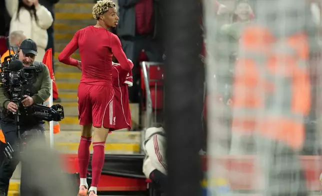 Liverpool's Hugo Ekitike celebrates after scoring his side's second goal during the English League Cup third round soccer match between Liverpool and Southampton at the Anfield stadium in Liverpool, England, Tuesday, Sept. 23, 2025. (AP Photo/Jon Super)
