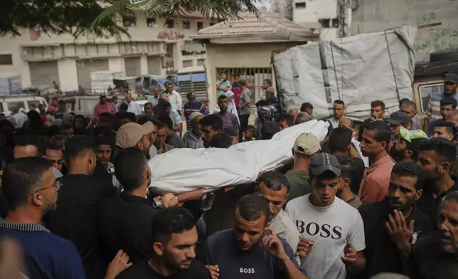 Palestinians carry the body of a person killed in an Israeli army strike, at Shifa Hospital in Gaza City, Thursday, Sept. 4, 2025. (AP Photo/Jehad Alshrafi)