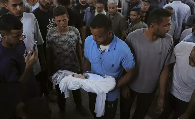 A relative carries the body of Palestinian infant Jabr Al-Ashhab, who was killed in an Israeli military strike, during his funeral outside Shifa Hospital in Gaza City, Thursday, Sept. 4, 2025. (AP Photo/Jehad Alshrafi)