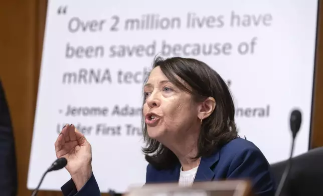 Sen. Maria Cantwell, D-Wash., speaks as Secretary of Health and Human Services Robert F. Kennedy Jr., appears before the Senate Finance Committee, on Capitol Hill in Washington, Thursday, Sept. 4, 2025. (AP Photo/Mark Schiefelbein)