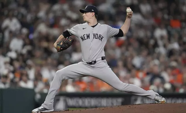 New York Yankees starting pitcher Max Fried throws during the first inning of a baseball game against the Houston Astros in Houston, Tuesday, Sept. 2, 2025. (AP Photo/Ashley Landis)