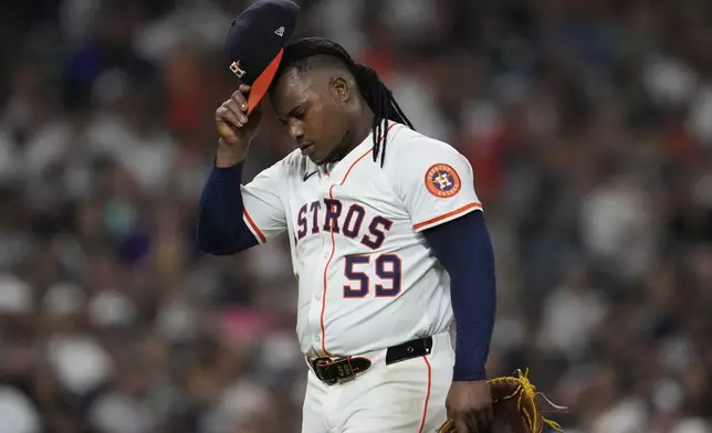 Houston Astros starting pitcher Framber Valdez leaves the mound after the top of the fifth inning of a baseball game against the New York Yankees in Houston, Tuesday, Sept. 2, 2025. (AP Photo/Ashley Landis)