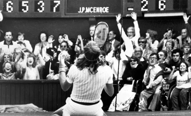 FILE - Sweden's Björn Borg falls to his knees in front of the scoreboard on the Centre Court at Wimbledon in London, July 5, 1980, after defeating John McEnroe, of the United States, to take the men's singles final for the fifth year in succession. (AP Photo/Robert Dear, File)