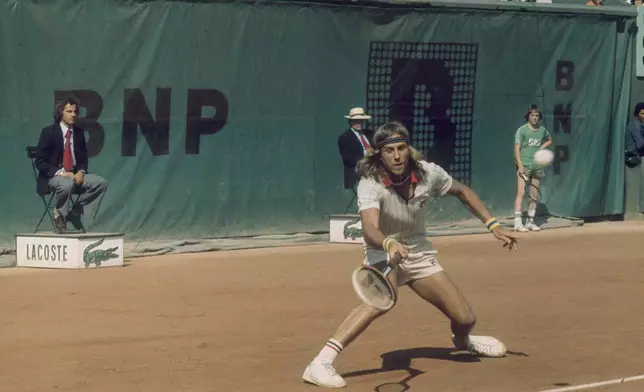 FILE - Björn Borg, of Sweden, competes at the French Open Tennis Championships at Roland Garros Stadium, June 1976. (AP Photo/GK, File)