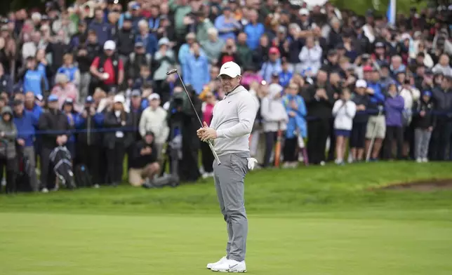 Rory McIlroy reacts to a missed putt on the ninth green during the Irish Open golf tournament, Thursday, Sept. 4, 2025, at The K Club in Staffan, Ireland. (Brian Lawless/PA via AP)