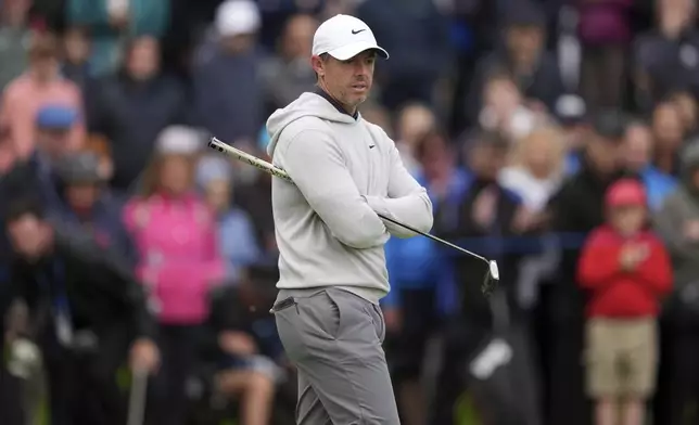 Rory McIlroy looks over a green during the Irish Open golf tournament, Thursday, Sept. 4, 2025, at The K Club in Staffan, Ireland. (Brian Lawless/PA via AP)