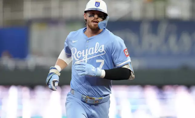 Kansas City Royals' Bobby Witt Jr. runs the bases after hitting a home run in the fourth inning against the Toronto Blue Jays during a baseball game Saturday Sept. 20, 2025, in Kansas City, Mo. (AP Photo/Ed Zurga)