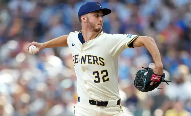 Milwaukee Brewers pitcher Jacob Misiorowski throws during the first inning of a baseball game against the Philadelphia Phillies, Monday, Sept. 1, 2025, in Milwaukee. (AP Photo/Kayla Wolf)