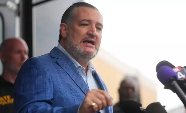 Sen. Ted Cruz, R-Texas talks about the shooting at a U.S. Immigration and Customs Enforcement facility in Dallas during a news conference on Wednesday, Sept. 24, 2025. (AP Photo/Julio Cortez)
