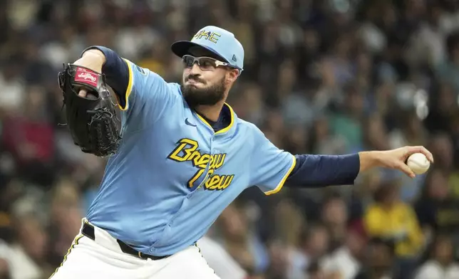 Milwaukee Brewers' Aaron Ashby throws during the seventh inning of a baseball game against the St. Louis Cardinals Friday, Sept. 12, 2025, in Milwaukee. (AP Photo/Morry Gash)