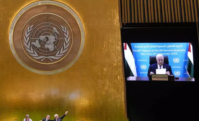 Palestinian President Mahmoud Abbas addresses the 80th session of the United Nations General Assembly via video, Thursday, Sept. 25, 2025. (AP Photo/Richard Drew)