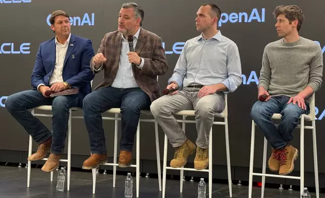 From left, Rep. Jodey Arrington, Sen. Ted Cruz, Oracle CEO Clay Magouyrk and OpenAI CEO Sam Altman answer questions during a news conference on Tuesday, Sept. 23, 2025 in Abilene, Texas. (AP Photo/Matt O’Brien)