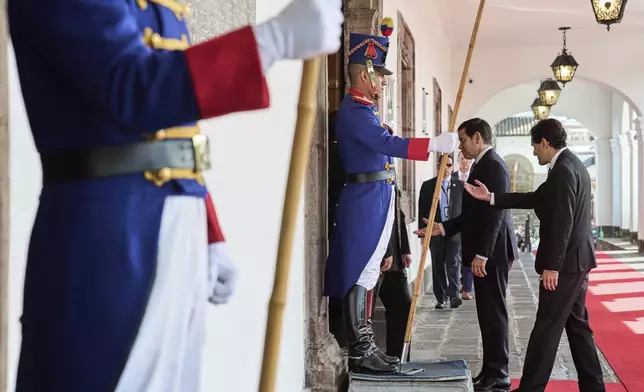 U.S. Secretary of State Marco Rubio, center, arrives at the Palacio de Carondelet to meet with Ecuador's President Daniel Noboa in Quito, Ecuador, Thursday, Sept. 4, 2025. (AP Photo/Jacquelyn Martin, Pool)